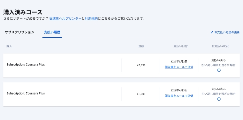 Courseraの支払い履歴